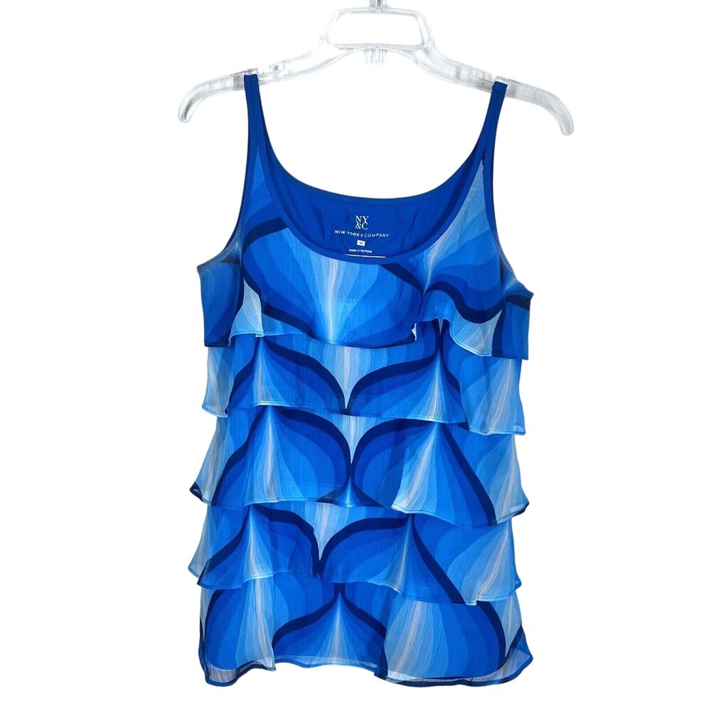 N Y & Co Blue Water Tank Top Beachy Coastal Waterfall Flowy Ruffle Size Medium